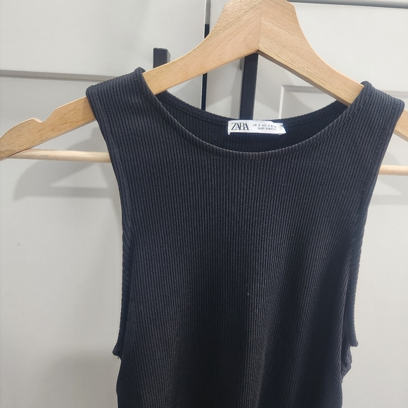 Zara Black Ruched Tie Side Ribbed Dress Small - Picture 5 of 11